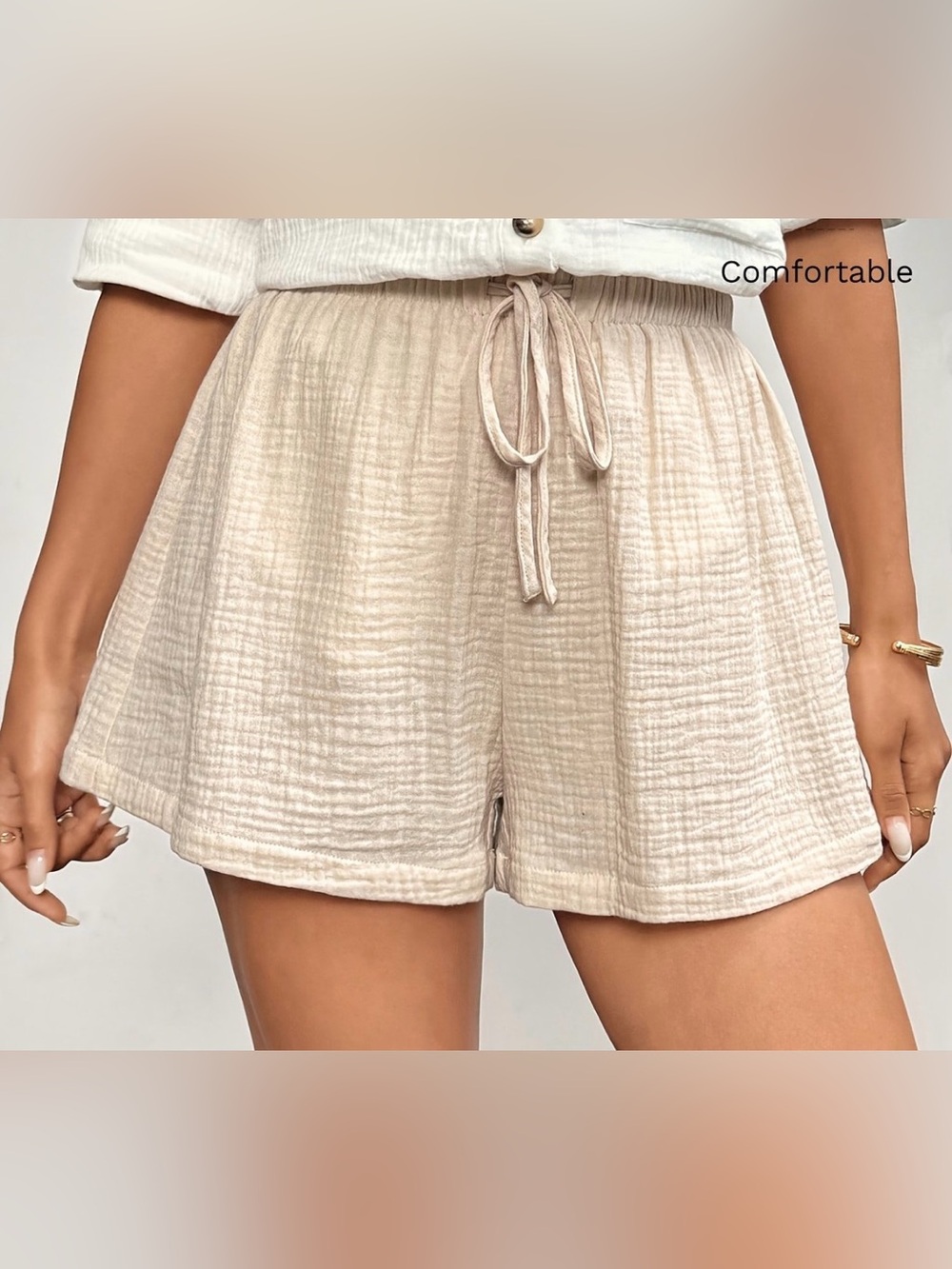 Pink Lily Cream Gauze Elastic Waist Drawstring Shorts - Size M